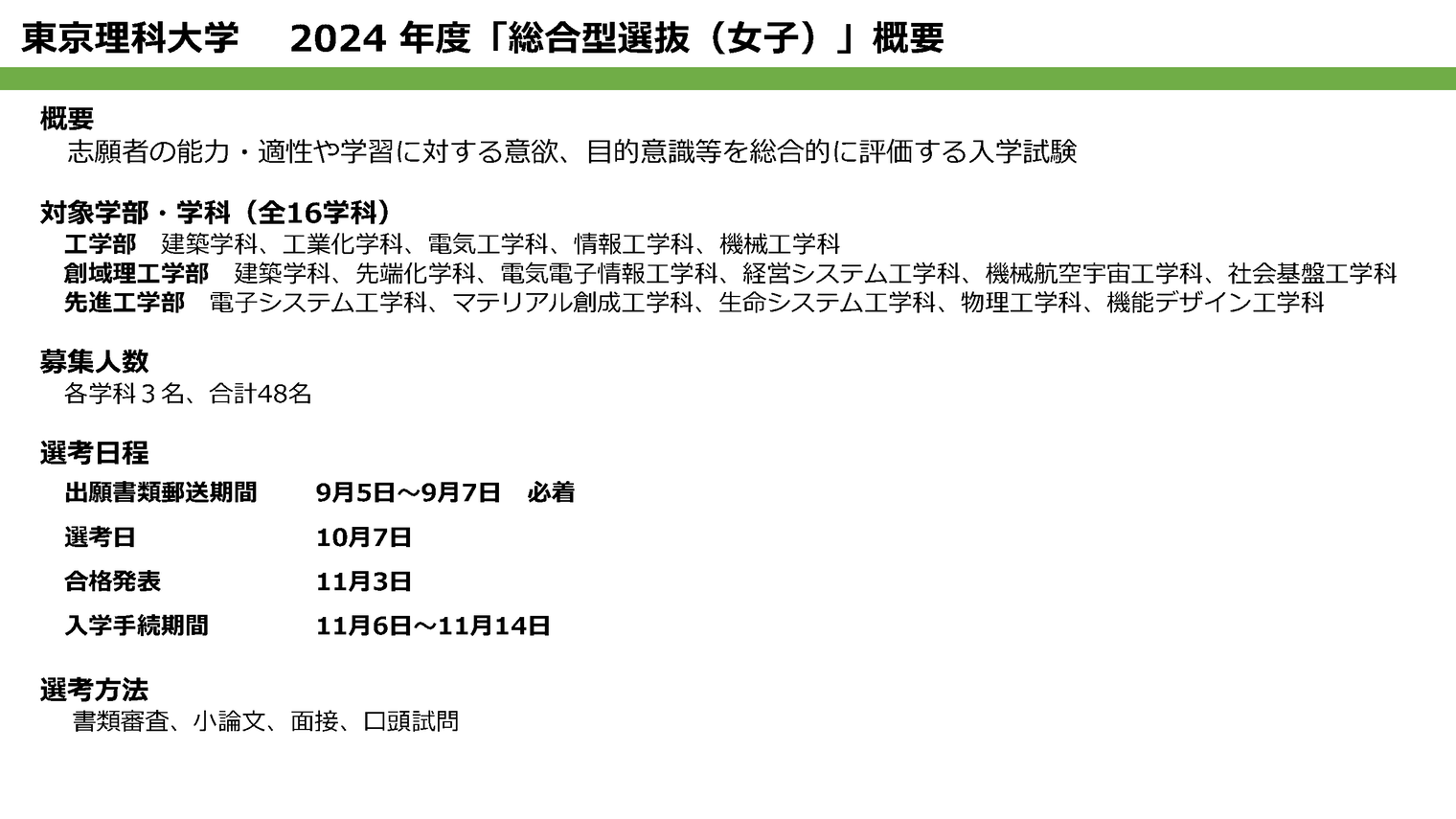 東京理科大学　2024年度「総合型選抜（女子）」概要