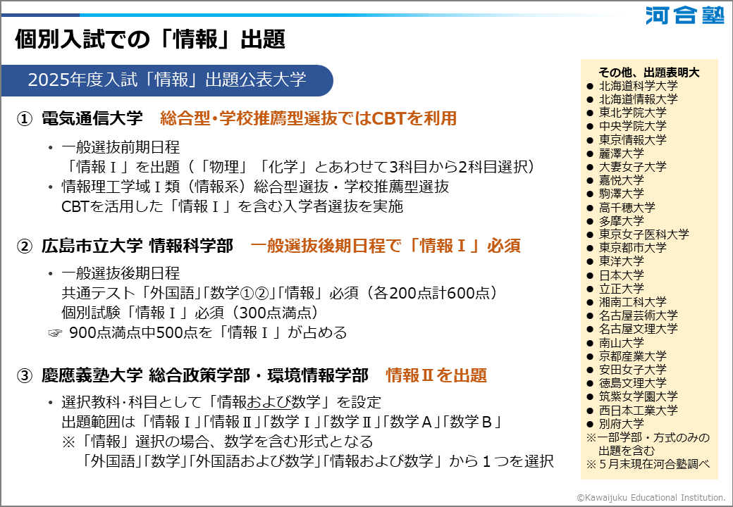 2025年度個別入試で「情報」の出題を公表した大学一覧
