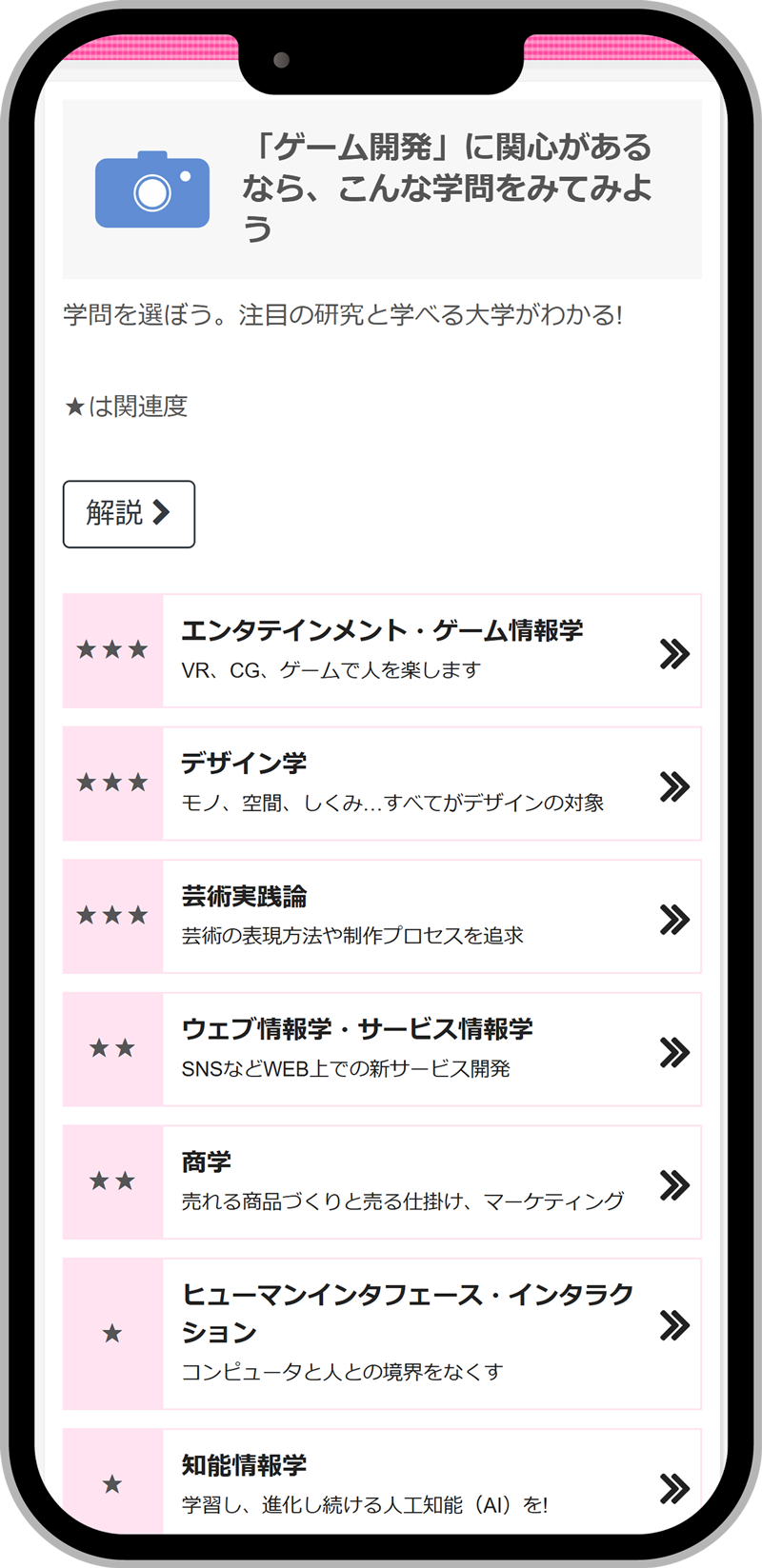 みらいぶっくスマートフォン画面イメージ。ゲーム開発に関心があるならと情報学、デザイン学、商学といった実社会の多彩な学問のかかわりを再現している。