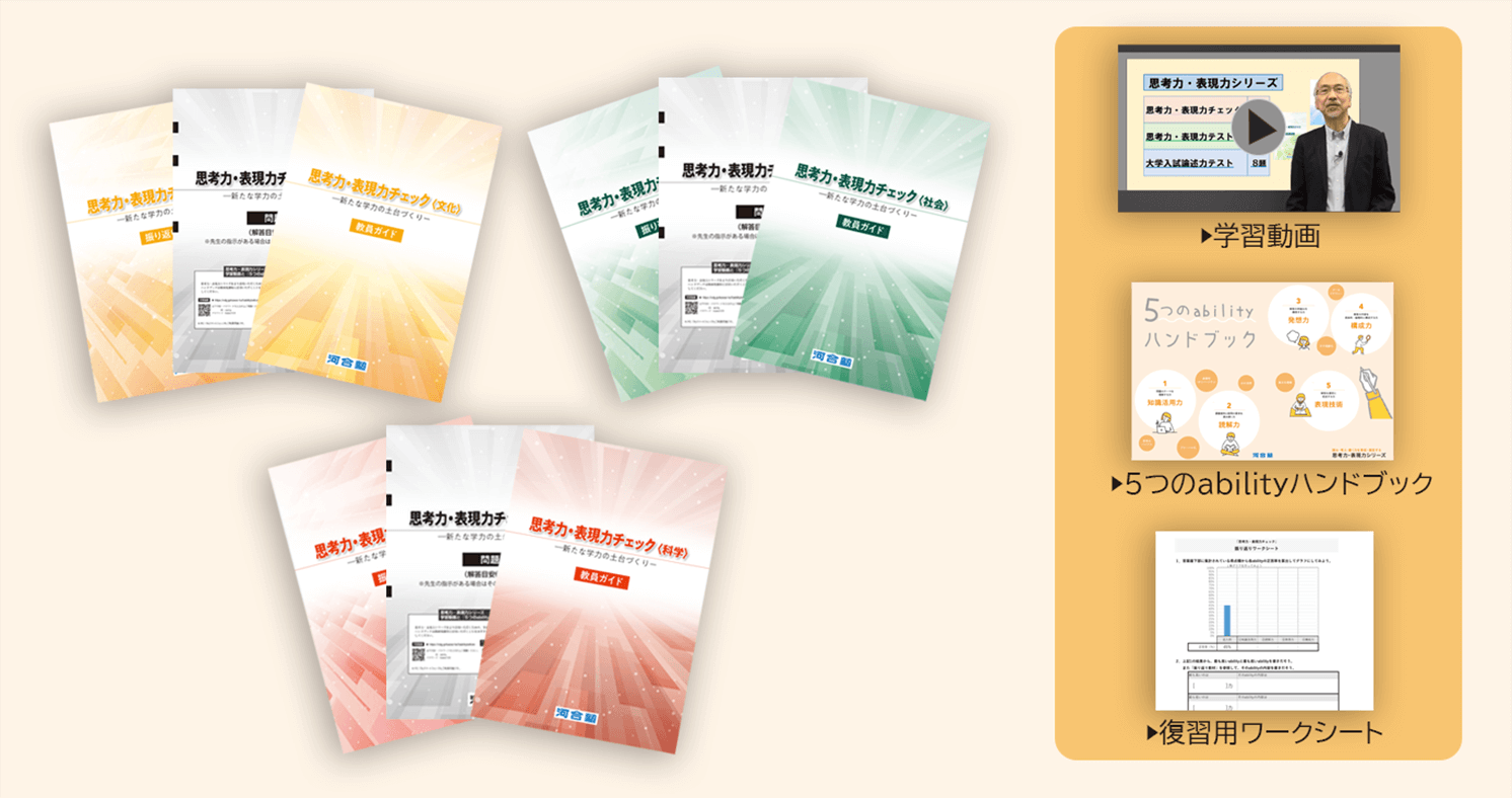 「思考力・表現力チェック」では、学習動画、振り返り教材、教員ガイド、５つのabilityハンドブック、復習用ワークシートを利用いただけます。