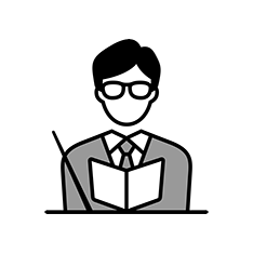 眼鏡をかけた男性教員がテキストと指し棒を持っているイラスト