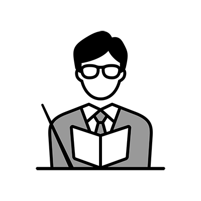 眼鏡をかけた男性教員がテキストと指し棒を持っているイラスト