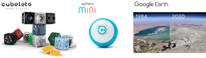 最新のデジタルツール例：Cubelets Robot Blocks、Sphero Mini、Google Earth
